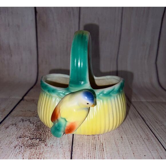 Czech Bird on Basket Red Mark Czechoslovakia Yellow Blue Art Pottery Antique - Picture 1 of 12